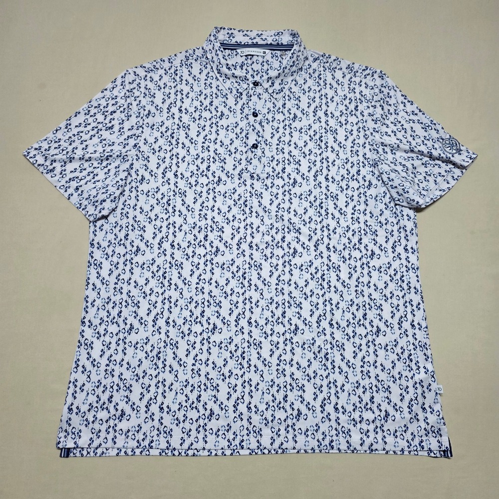 7 Diamonds Borneo 4-Way Stretch Polo Shirt Mens XL White Blue Geometric Pullover